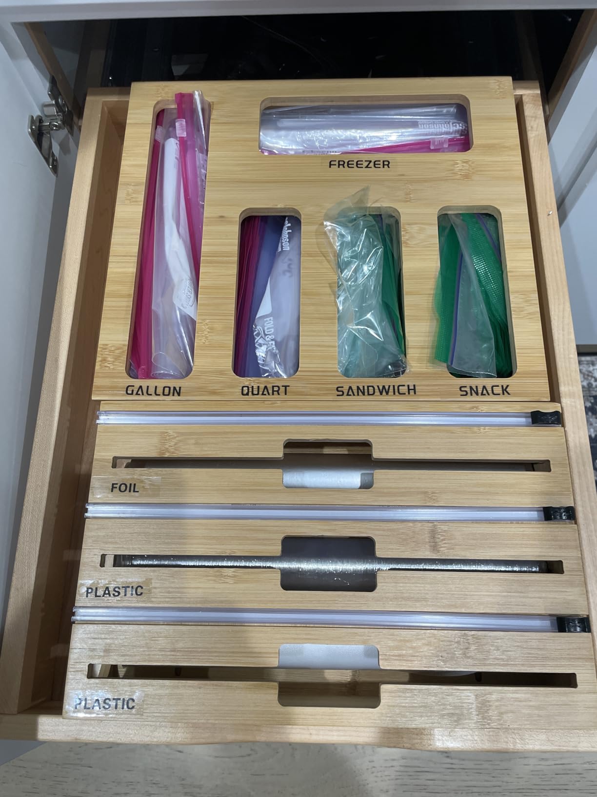 9 IN 1 Bamboo Foil and Plastic Wrap Organizer for Kitchen Drawer, Plastic Bag Organizer Organization and Storage, Food Storage Bag Organizer with Labels for Quart Gallon Snack Sandwich Bag customer photo 2