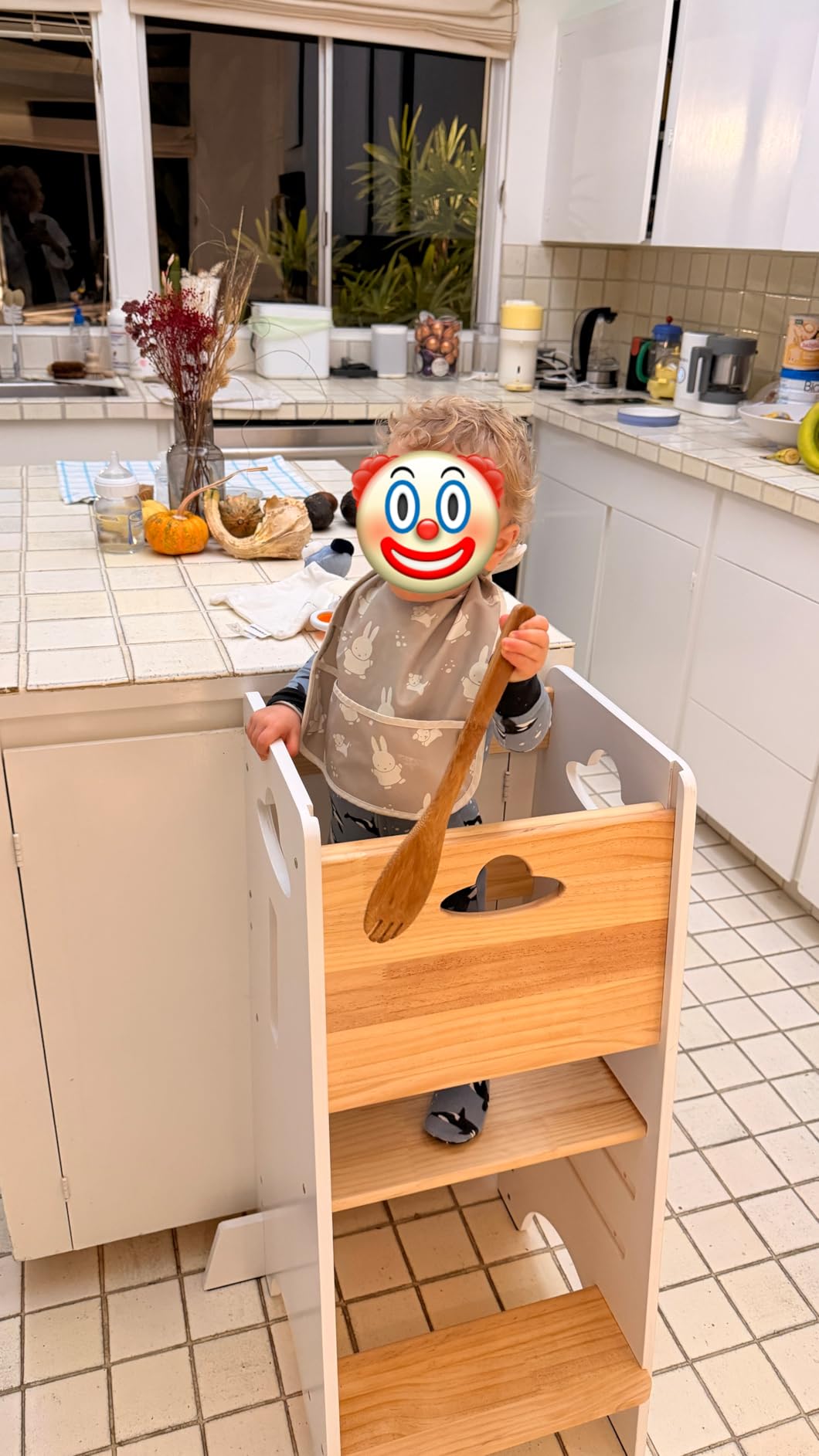 COSYLAND Toddler Standing Tower Adjustable Height (NO Wide Back Panel) - Super Stable Toddler Kitchen Stool Helper - 3 Levels Adjustable Wooden Kids Kitchen Stool (Natural & White) customer photo 1