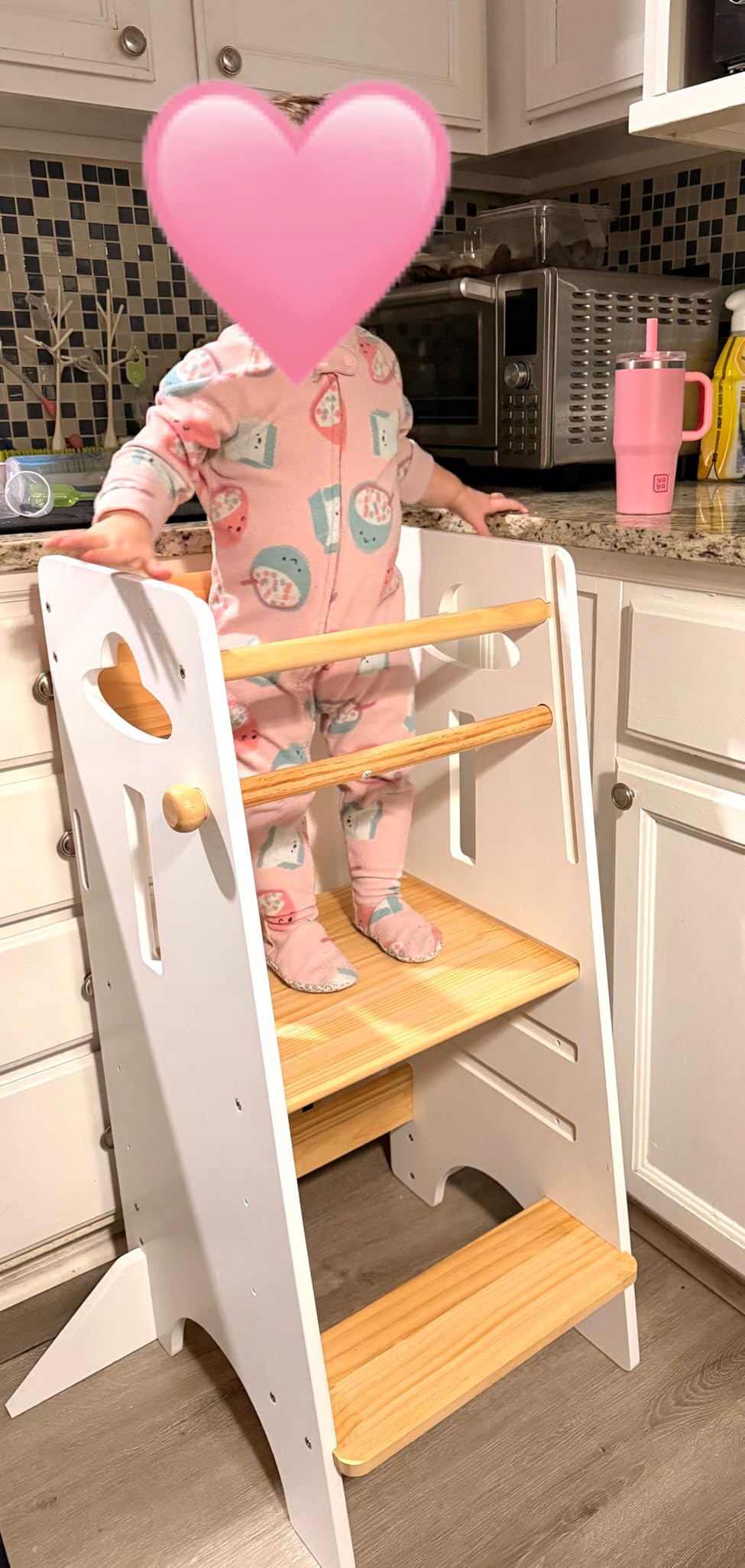 COSYLAND Toddler Standing Tower Adjustable Height (NO Wide Back Panel) - Super Stable Toddler Kitchen Stool Helper - 3 Levels Adjustable Wooden Kids Kitchen Stool (Natural & White) customer photo 2