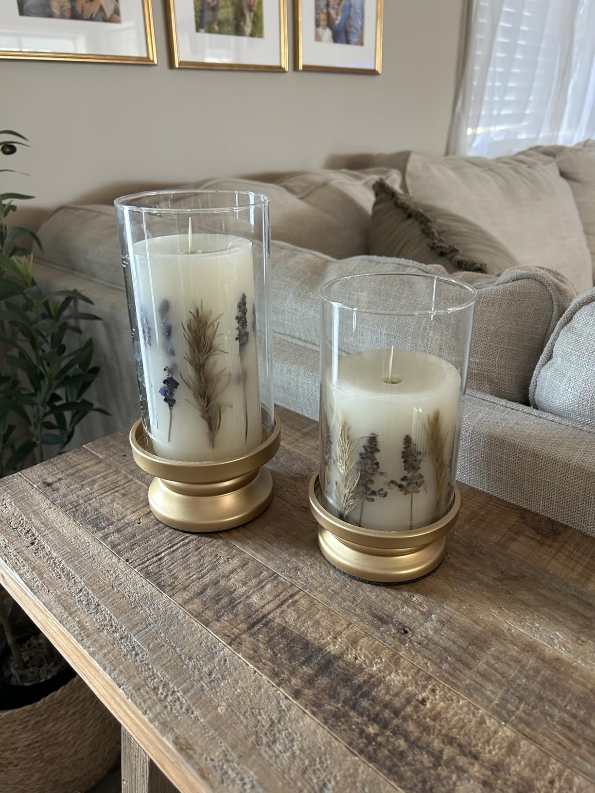 NUPTIO Hurricane Candle Holder Gold: Pillar Candle Holders with Clear Glass Sleeve - Set of 2 Decorative Brass Metal Pillars Stand for Dining Table Centerpiece Shelf Fireplace Mantel Decor customer photo 2