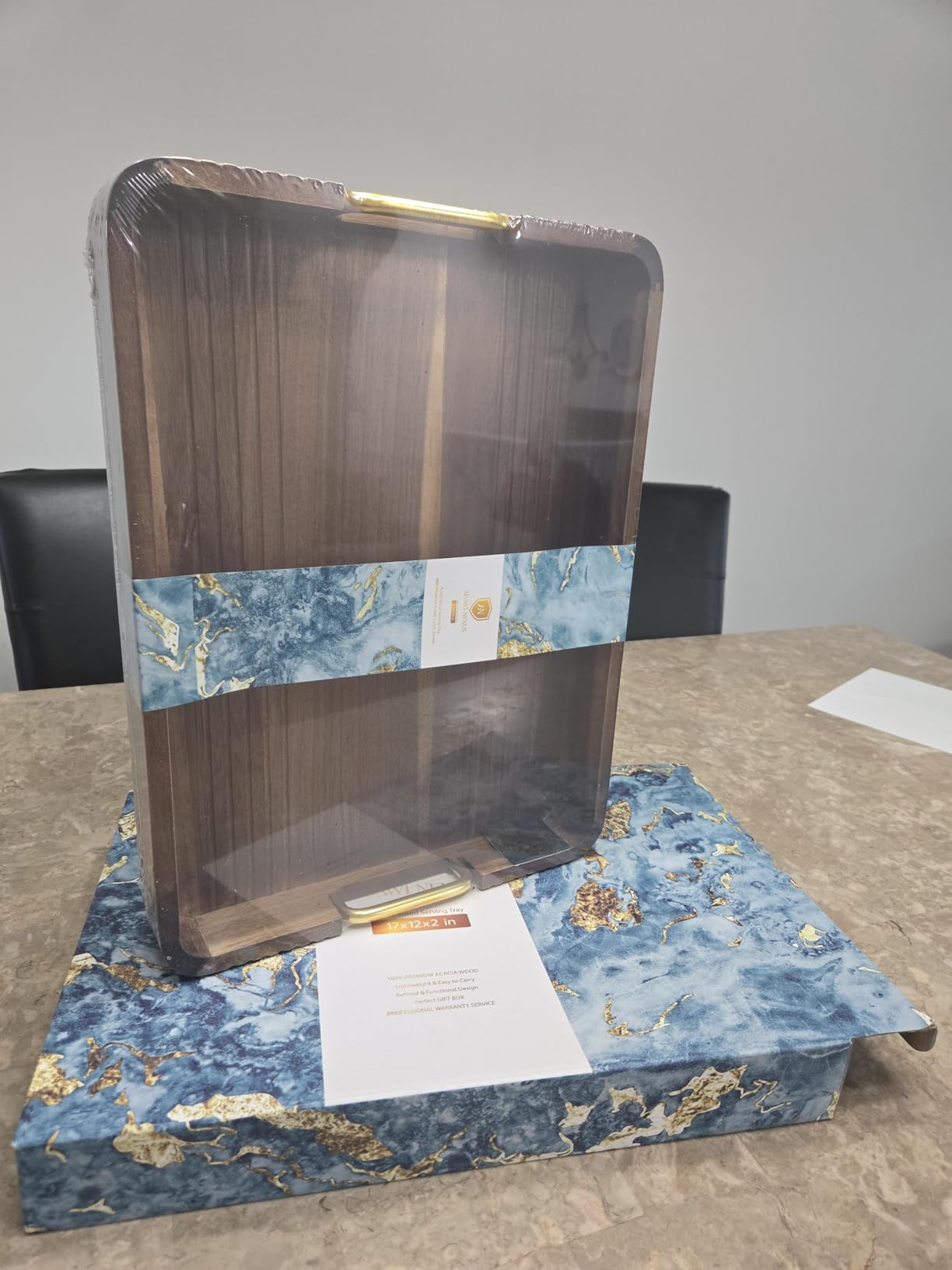 Acacia Wood Serving Tray with Metal Handles, 17x13in, Decorative Coffee Table Tray & Ottoman Tray, Anti-Slip Pads, Dark Wood Tray for Breakfast in Bed, Bar Tray, Gift Box customer photo 1