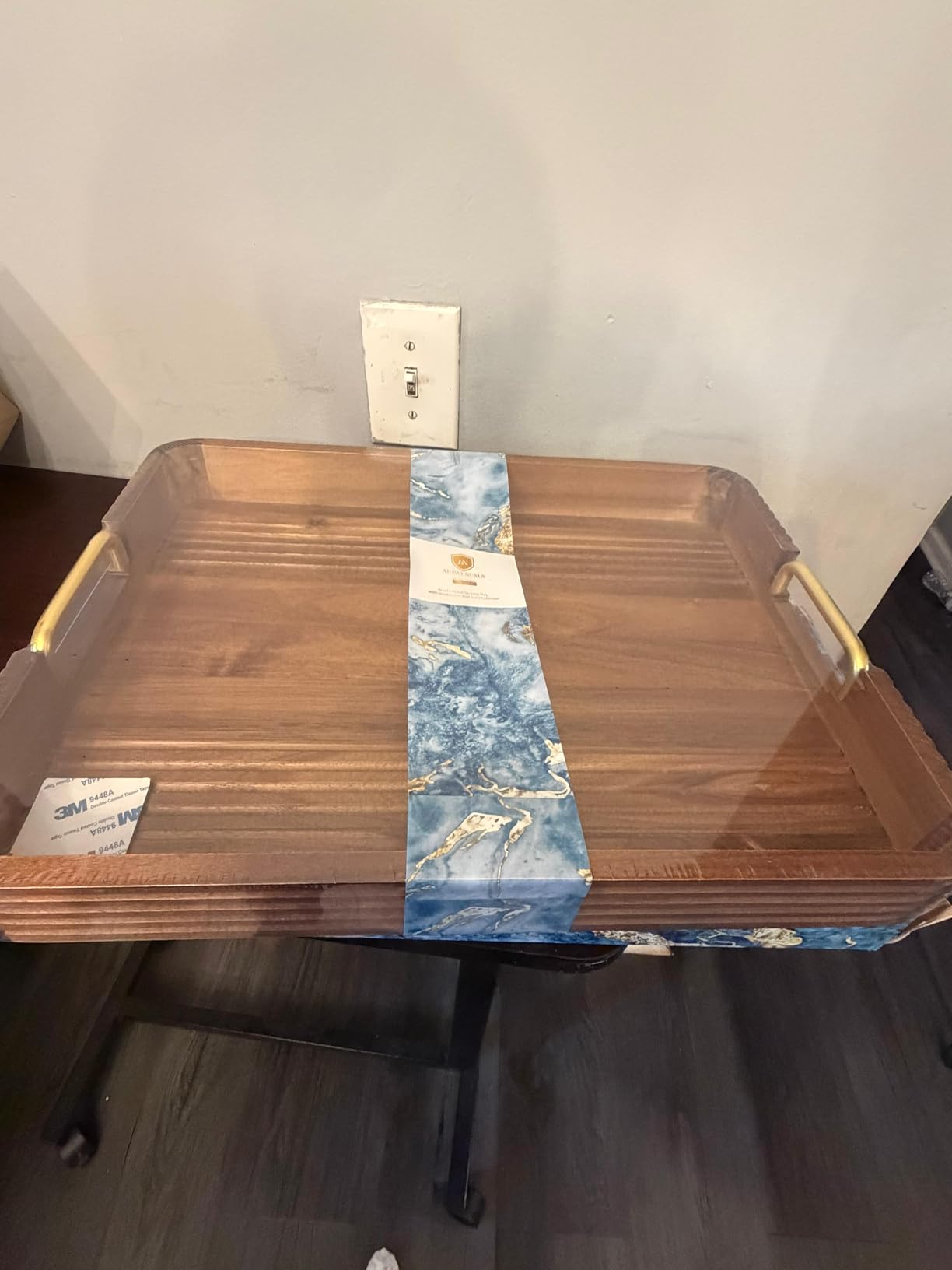 Acacia Wood Serving Tray with Metal Handles, 17x13in, Decorative Coffee Table Tray & Ottoman Tray, Anti-Slip Pads, Dark Wood Tray for Breakfast in Bed, Bar Tray, Gift Box customer photo 2