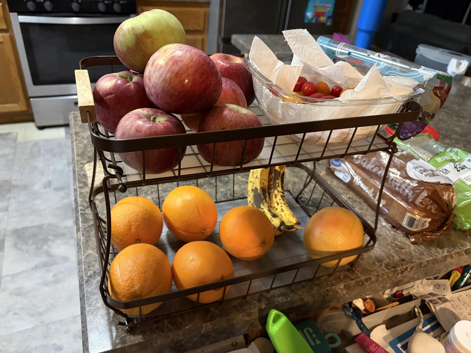 Sevenblue 2 Tier Large Fruit Basket for Kitchen Counter with 2 Mobile Banana Hangers, 2026 Pro Detachable Metal Fruit Bowl with Wooden Handle, Fruit Holder for Bread Snack Veggies with Protective Mats customer photo 1