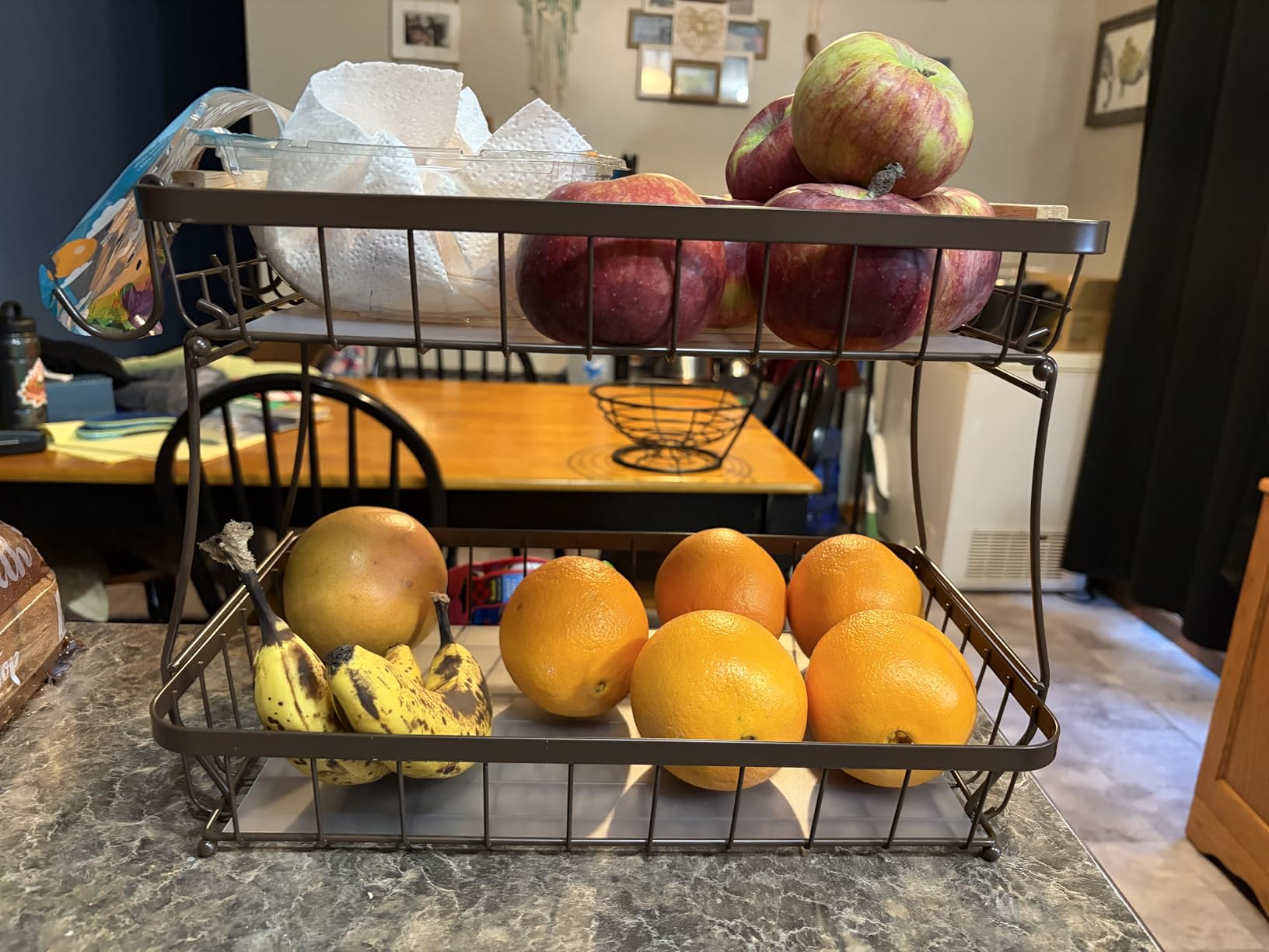 Sevenblue 2 Tier Large Fruit Basket for Kitchen Counter with 2 Mobile Banana Hangers, 2026 Pro Detachable Metal Fruit Bowl with Wooden Handle, Fruit Holder for Bread Snack Veggies with Protective Mats customer photo 2