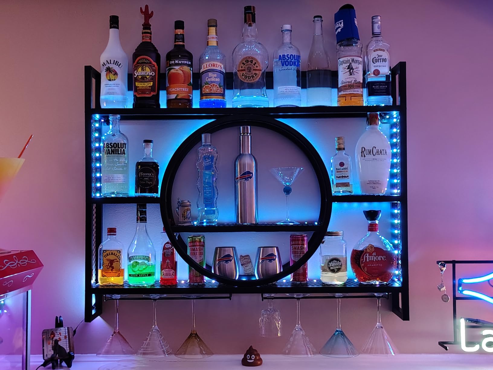 Wine Rack Wall Mounted with Wine Glass Rack Floating Bar Shelves for Liquor Bottles with LED Light Liquor Bottle Display Shelf Wall Bar Cabinet Mini Bar for Home Bar Dining Room Kitchen Living Room customer photo 1