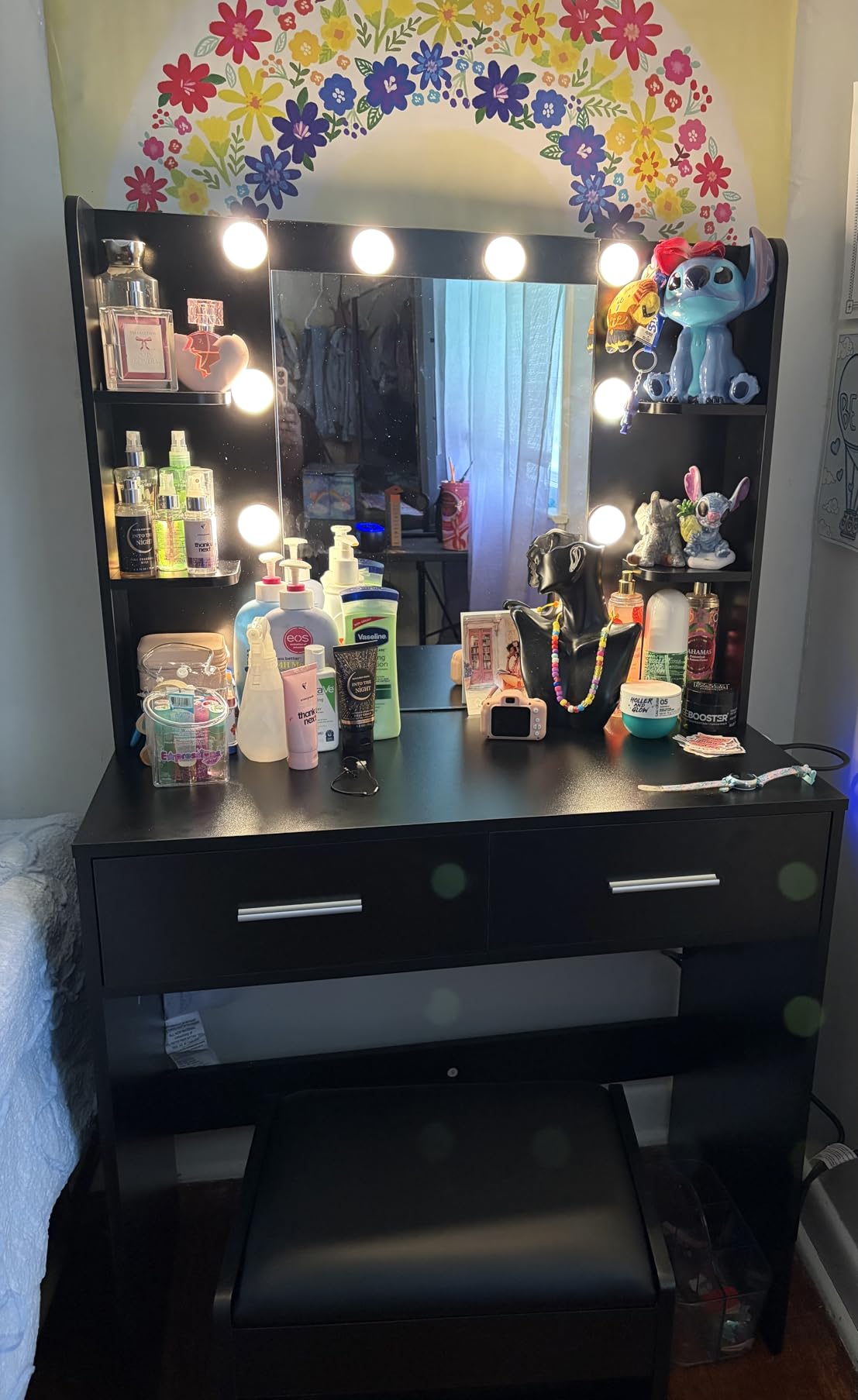 Furmax Make up Vanity Desk with Mirror and Power Outlet, Vanity with 3 Color Light Options Adjustable Brightness, Vanity Desk with 2 Drawers, 6 Storage Shelves (White, with Bench) customer photo 1