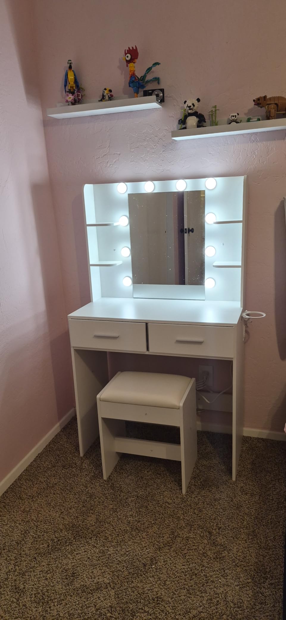 Furmax Make up Vanity Desk with Mirror and Power Outlet, Vanity with 3 Color Light Options Adjustable Brightness, Vanity Desk with 2 Drawers, 6 Storage Shelves (White, with Bench) customer photo 2