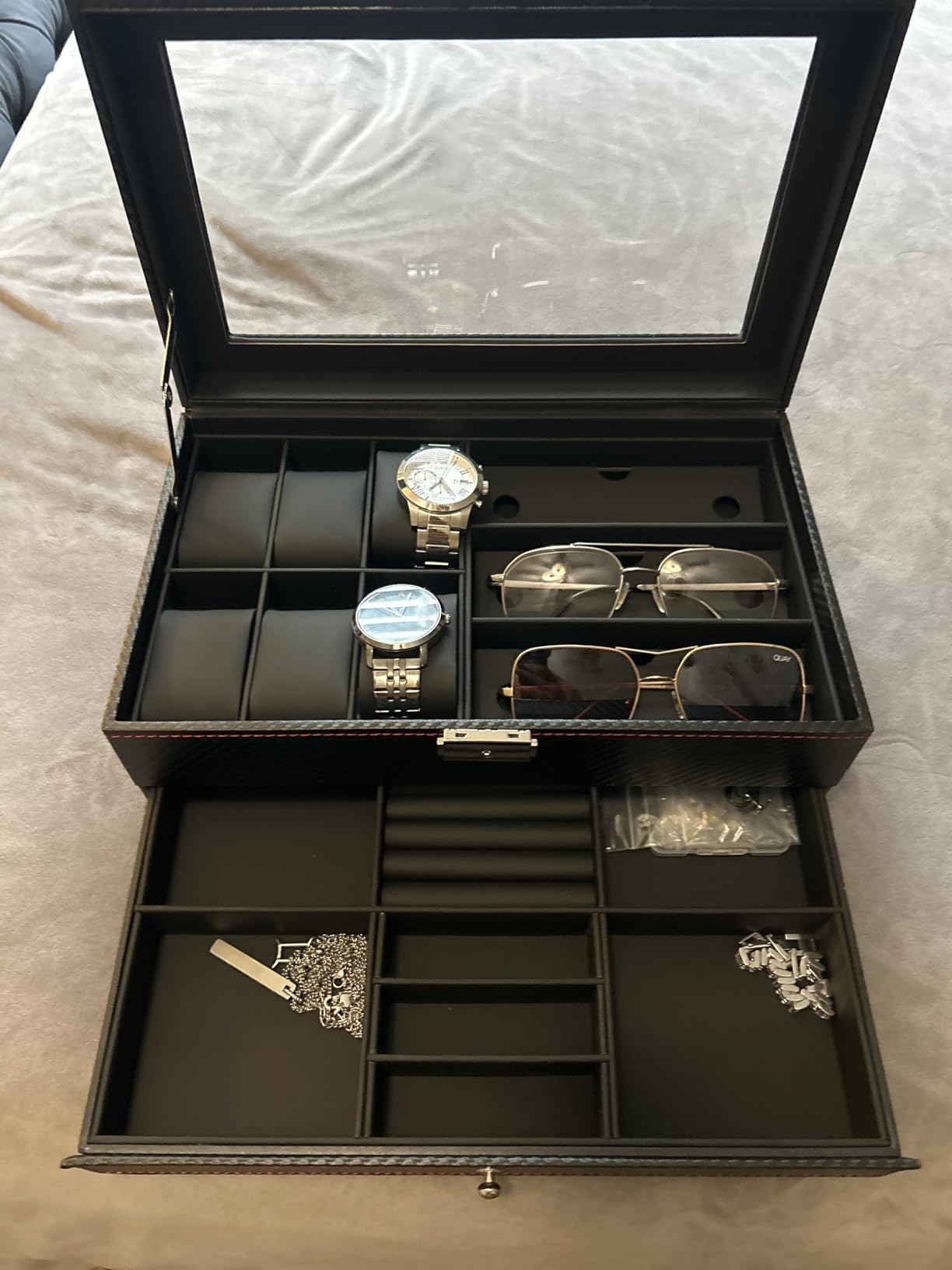 Kukikan Watch Jewelry Box Organizer, 6-Slot 2-Layer Watch Case and Sunglasses Storage with Large Glass Lid, Men's Jewelry Box with Lock, Watch Holder Display Case, Gift for Men Women customer photo 1