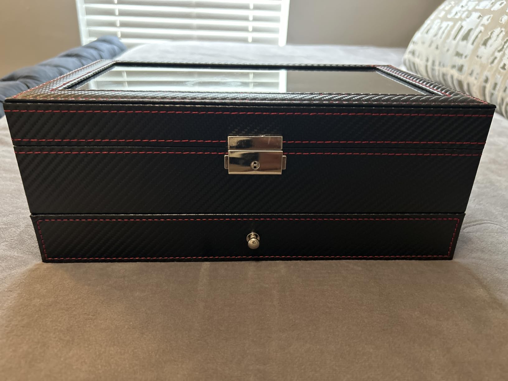 Kukikan Watch Jewelry Box Organizer, 6-Slot 2-Layer Watch Case and Sunglasses Storage with Large Glass Lid, Men's Jewelry Box with Lock, Watch Holder Display Case, Gift for Men Women customer photo 2