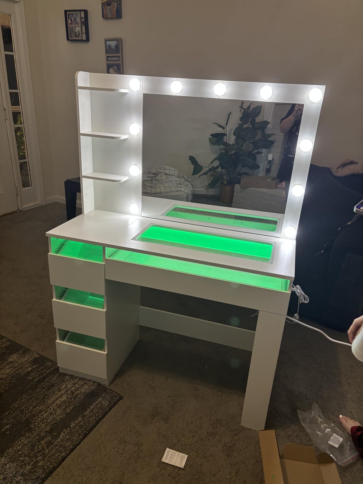 HUAHUU Vanity Desk with Mirror and Lights, Makeup Vanity Desk with Lights 3 Colors, Transparent Top Vanity with 2 RGB Drawers, 6 Shelves, Large Tempered Cabinet, Power Outlet, for Bedroom, White customer photo 1