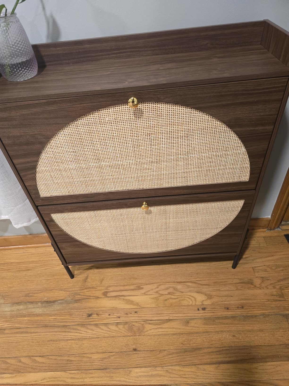 IRONCK Shoe Cabinet Storage with 2 Flip Drawers, Free Standing Wooden Shoe Storage Organizer Cabinet with Rattan Doors for Entryway, Narrow Shoe Rack Cabinet, Oak customer photo 2