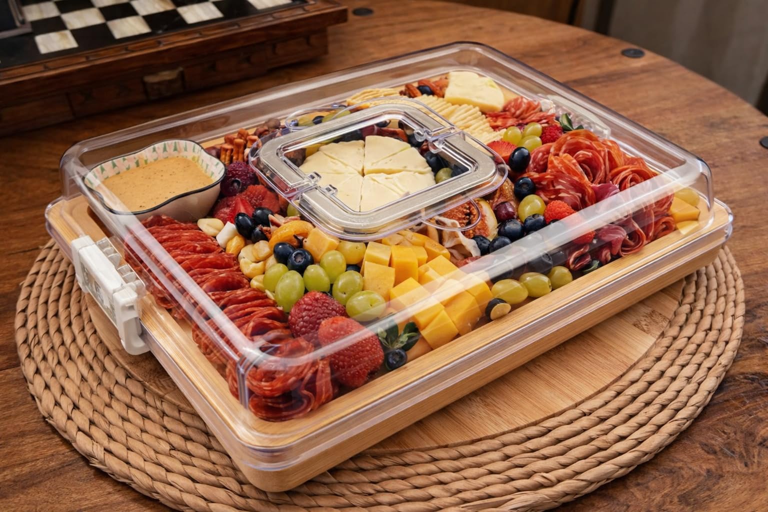 CAWIU Charcuterie Board with Lid and Handle - Portable Travel Design Bamboo Cheese Board Set with 4 Cheese Tools, Gift for Housewarming, Weddings, Picnics (1 Compartment, White) customer photo 1