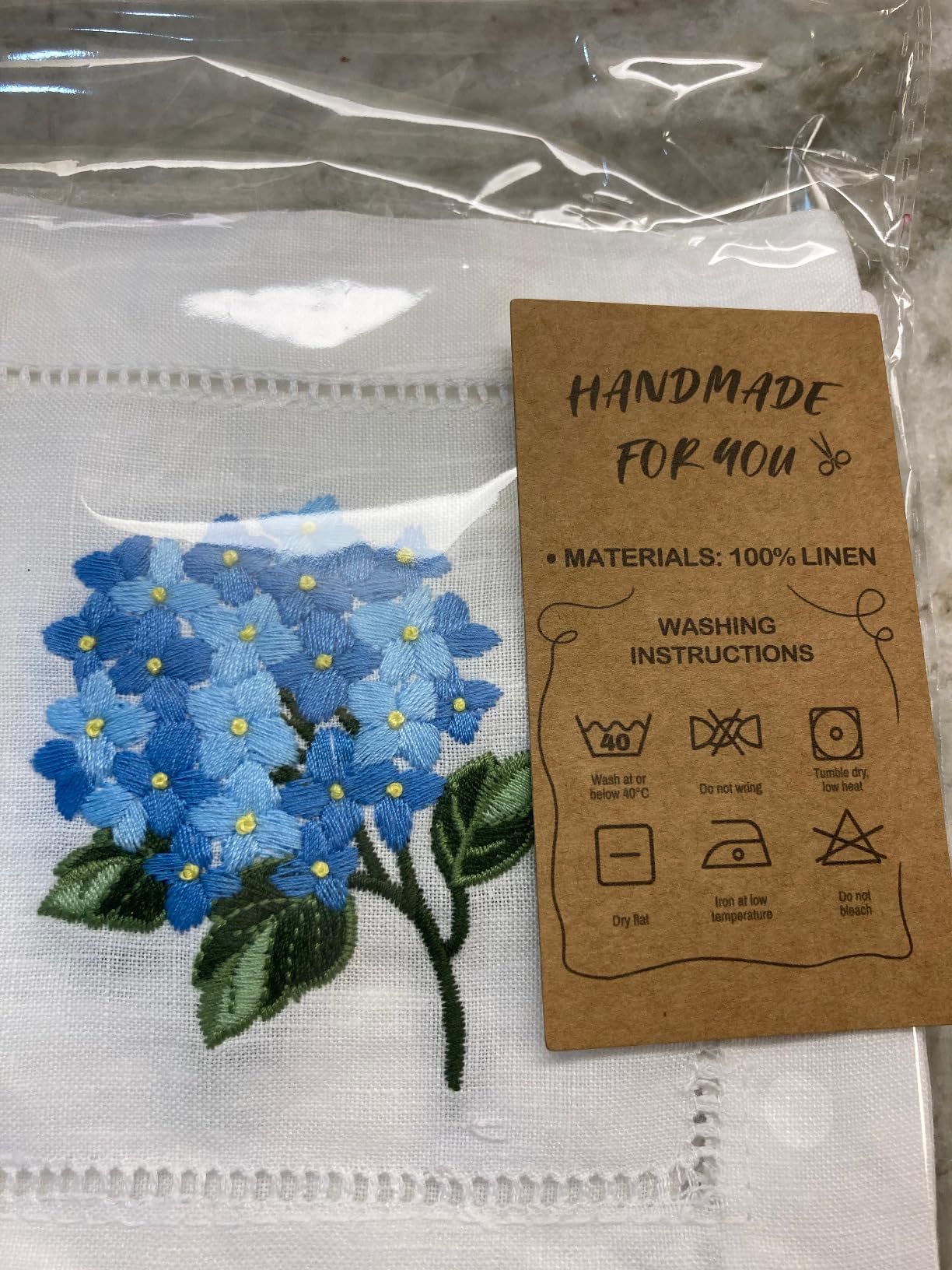 100% Linen Cocktail Napkins White Set of 6 Hand Embroidered Hydrangea 6
