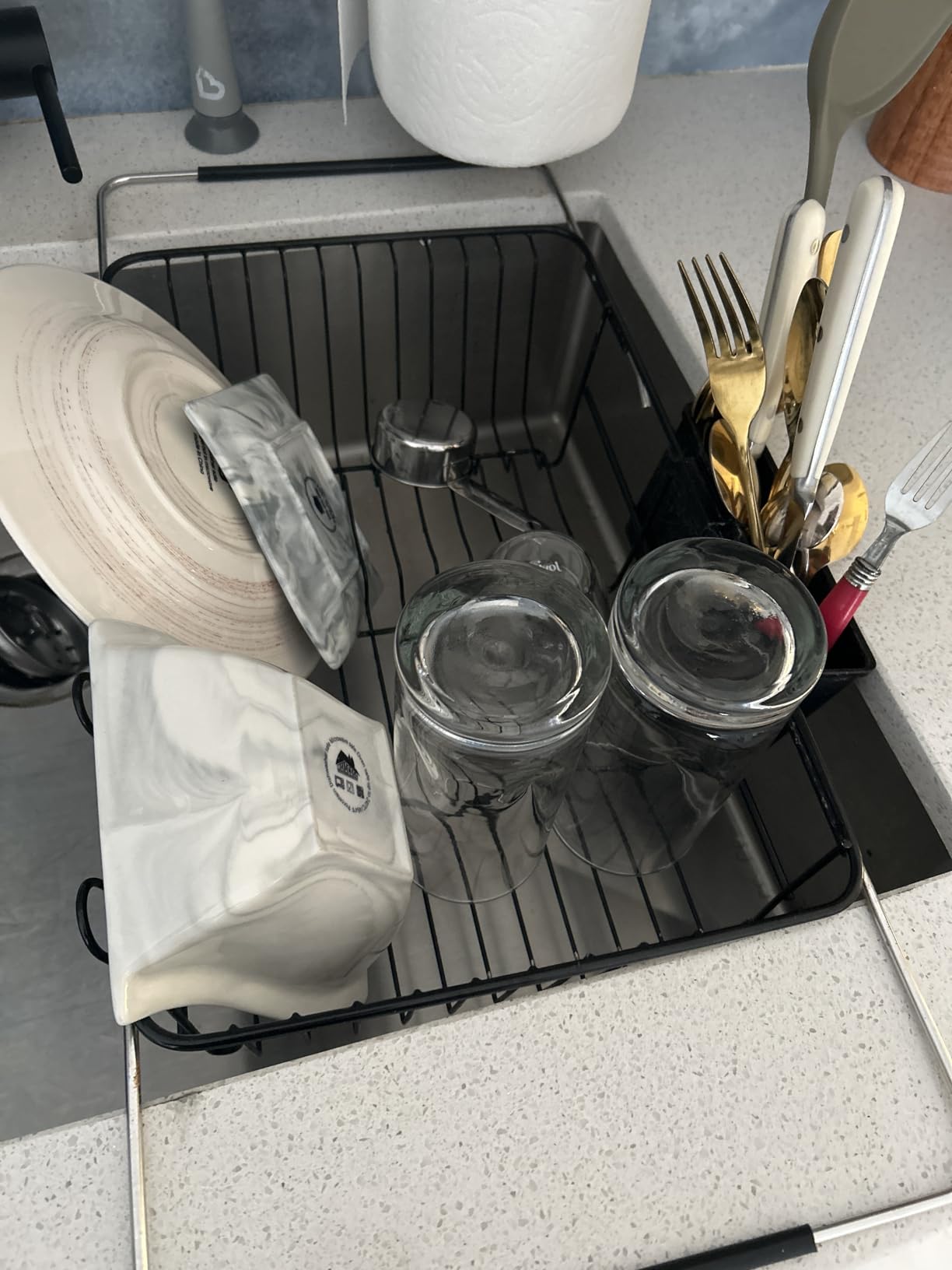MAJALiS Expandable Stainless Steel Over The Sink Dish Drying Rack for Small Kitchen Counter Space Saving, Compact RV Plate Drainer Strainer in Silver Wire Metal with Hanging Adjustable Utensil Holder customer photo 1
