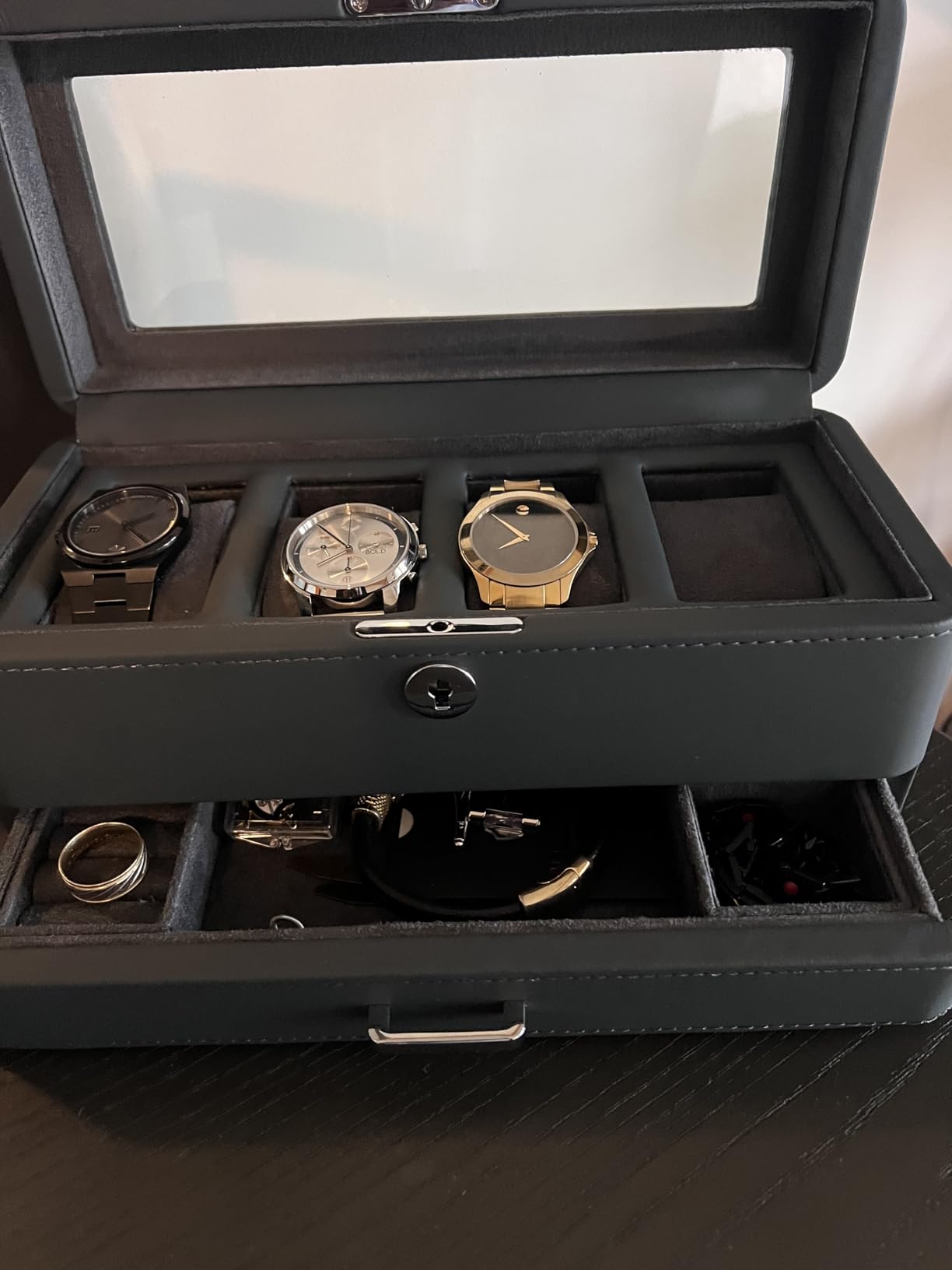 ROTHWELL 4 Slot Leather Watch Box with Valet Drawer - Luxury Case Display Jewelry Organizer, Locking Display Case Holder with Real Glass Top - Watch Box Organizer for Men & Women (Tan) customer photo 2