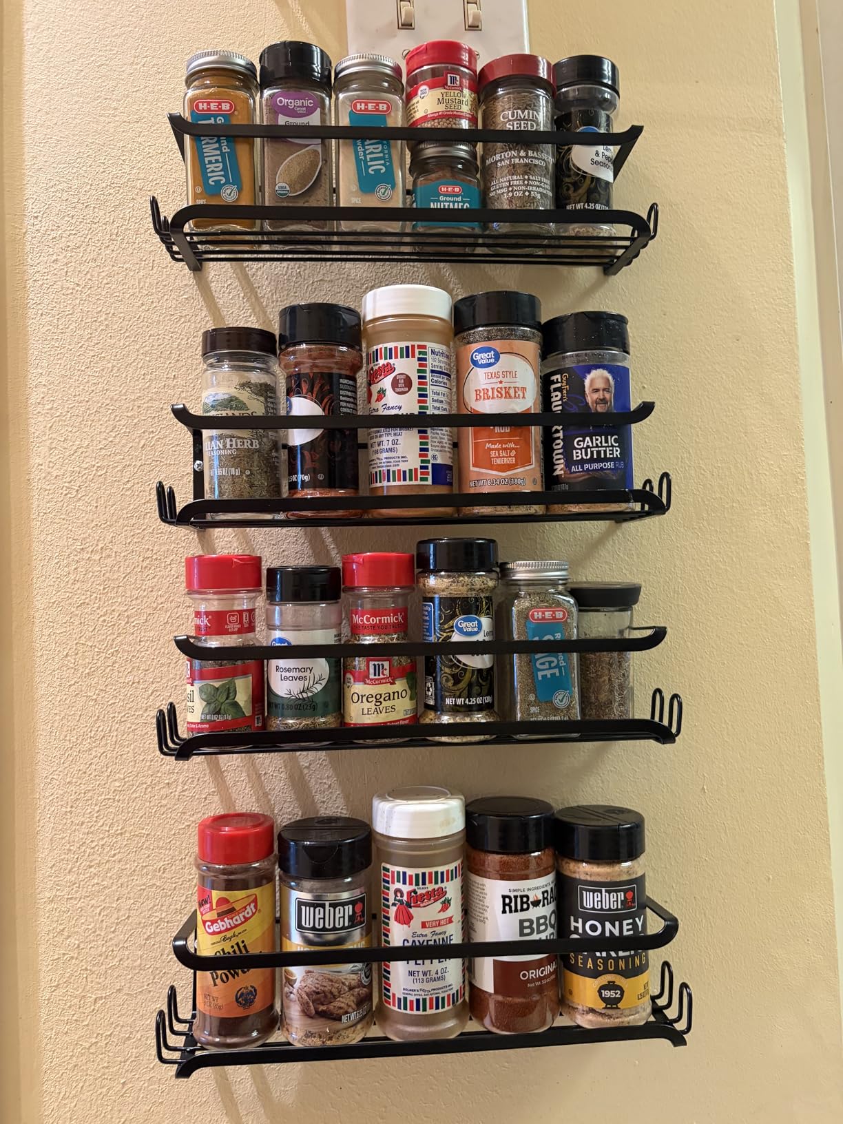 LUCYCAZ 2 Pack Wall Mounted Spice Rack with 8 Hooks, Spice Organizer Shelf for Stove Cabinet Pantry Door,Screw or Adhesive Spice Shelf Hanging Wall Spice Rack in Kitchen and RV (Black, 2 PACK) customer photo 1