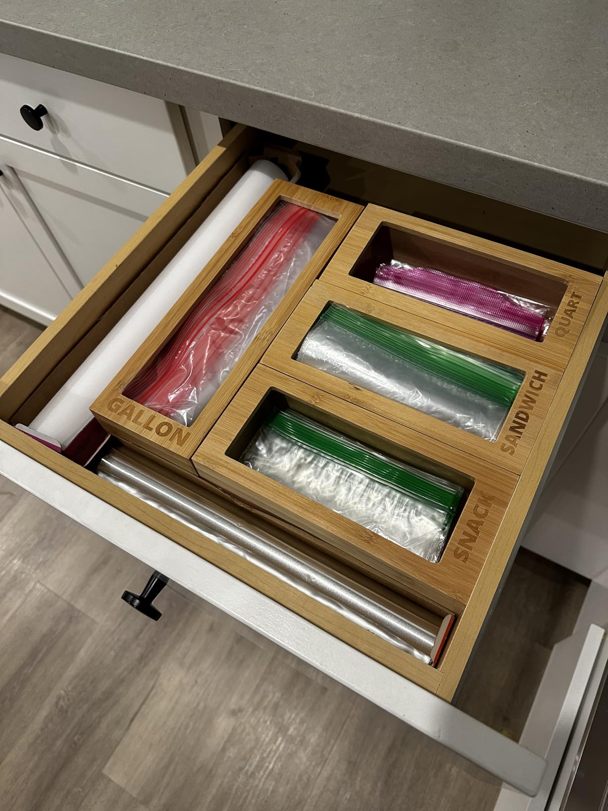 mHomeAid Bag Storage Organizer - Bamboo Food Plastic Baggie Holder, Dispenser, and Container for Kitchen Drawer - Fits Ziplock and Ziploc Gallon, Quart, Sandwich & Snack Sized Slider Bags customer photo 1