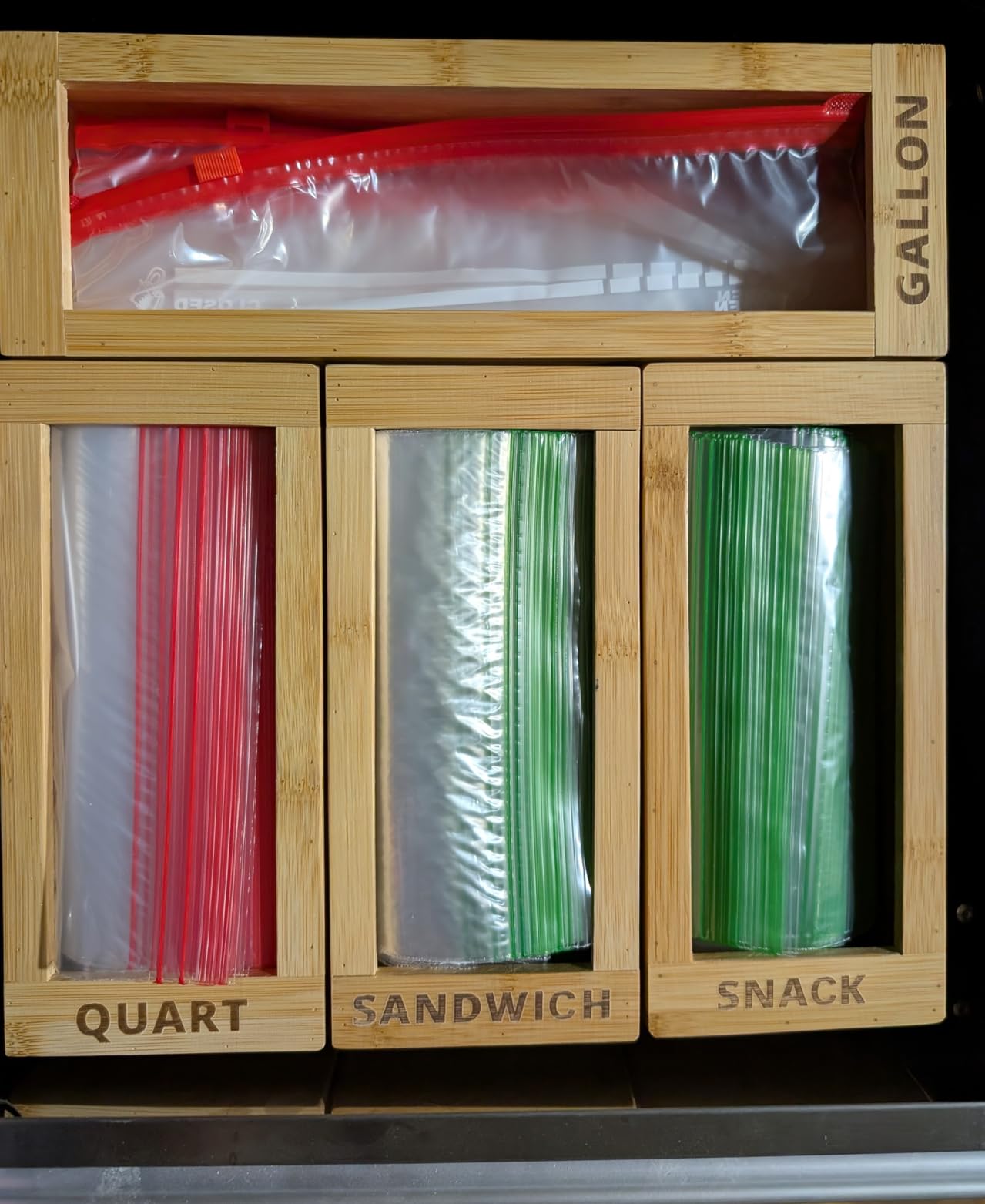 mHomeAid Bag Storage Organizer - Bamboo Food Plastic Baggie Holder, Dispenser, and Container for Kitchen Drawer - Fits Ziplock and Ziploc Gallon, Quart, Sandwich & Snack Sized Slider Bags customer photo 2