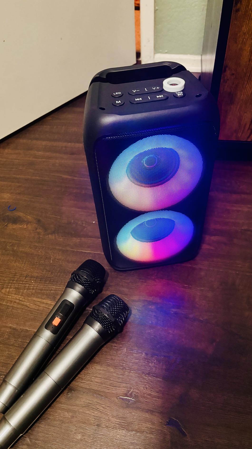 Karaoke Machine for Adults Kids, Portable Bluetooth Speaker with 2 Wireless Microphones, TWS Mode & LED Light, 10H Battery PA System customer photo 1