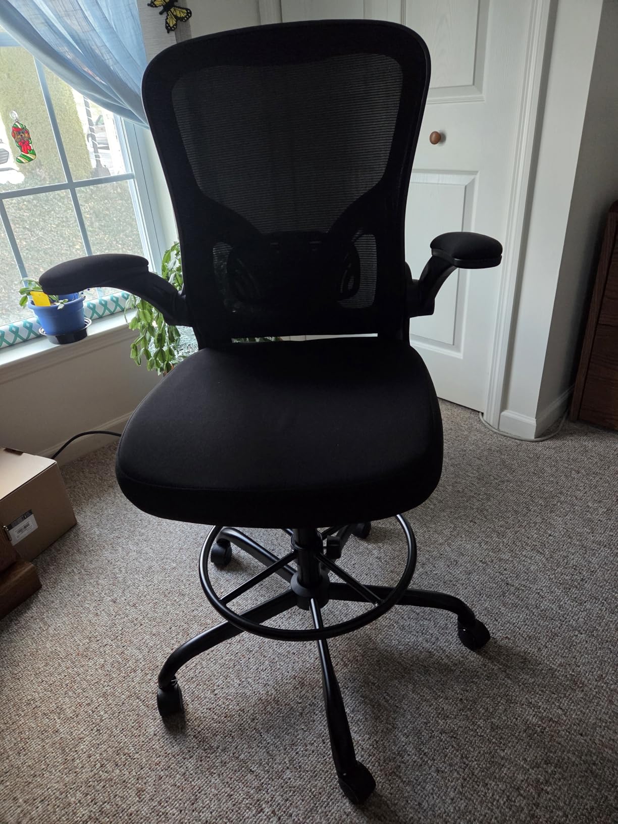Ergonomic Drafting Chair, Tall Office Chair with Flip-up Armrests, Breathable Mesh High Desk Chair with Lumbar Support Adjustable Footrest Ring for Standing Desk Black customer photo 2
