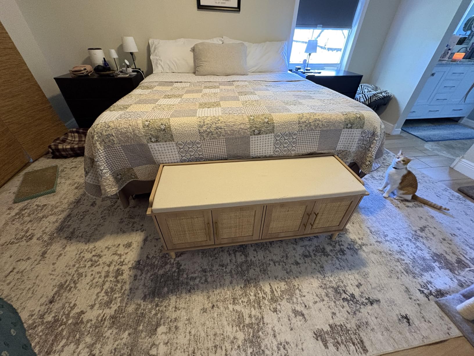 Rattan Shoe Storage Bench with Cushion, 2-Tier Entryway Bench with Adjustable Shelves and 2 Doors, Solid Wood Legs, Natural Oak customer photo 1
