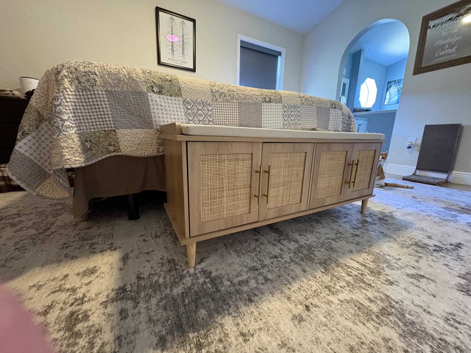 Rattan Shoe Storage Bench with Cushion, 2-Tier Entryway Bench with Adjustable Shelves and 2 Doors, Solid Wood Legs, Natural Oak customer photo 2