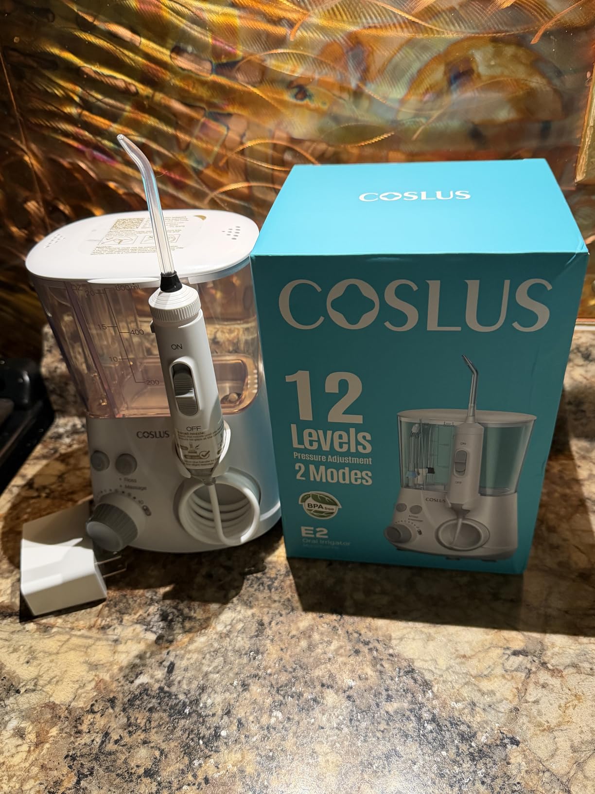 COSLUS E2 Advanced Water Flosser for Teeth: 2 Modes & 12 Pressure Settings Electric Dental Pick for Orthodontic, Braces, Sensitive Gums - Home Use, 5 Jet Tips for Multiple Users, Family, White customer photo 2