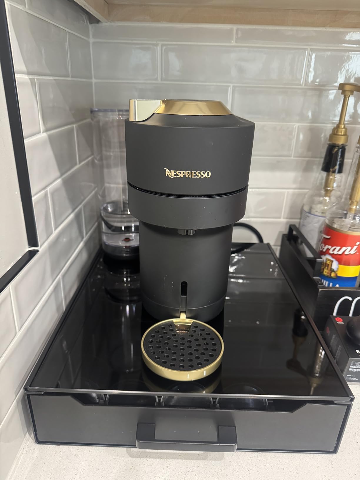 Vertuo Pod Holder Drawer with Deluxe Black Tempered Glass Top, Compatible for Nespresso VertuoLine Pods, Holds up to 75 Small or 50 Big Vertuo Pods Compact Design customer photo 1