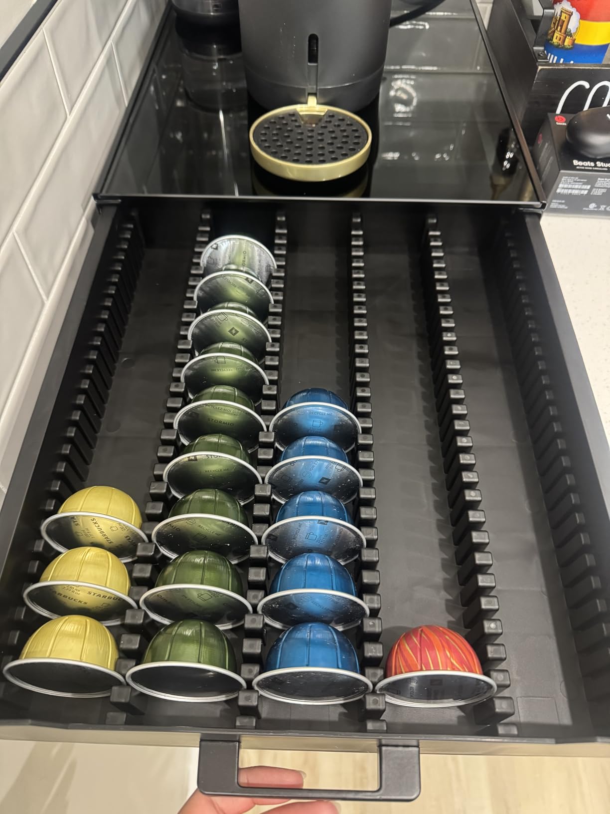 Vertuo Pod Holder Drawer with Deluxe Black Tempered Glass Top, Compatible for Nespresso VertuoLine Pods, Holds up to 75 Small or 50 Big Vertuo Pods Compact Design customer photo 2
