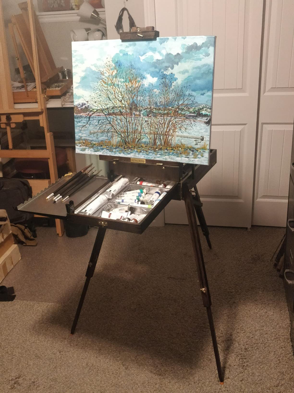 ATWORTH French Easel for Painting, Deluxe Beech Wooden Field & Studio Sketchbox Easel Stand with Metal Side Tray, Portable& Easy Transport for Painting Outdoor, Holds Canvas up to 34