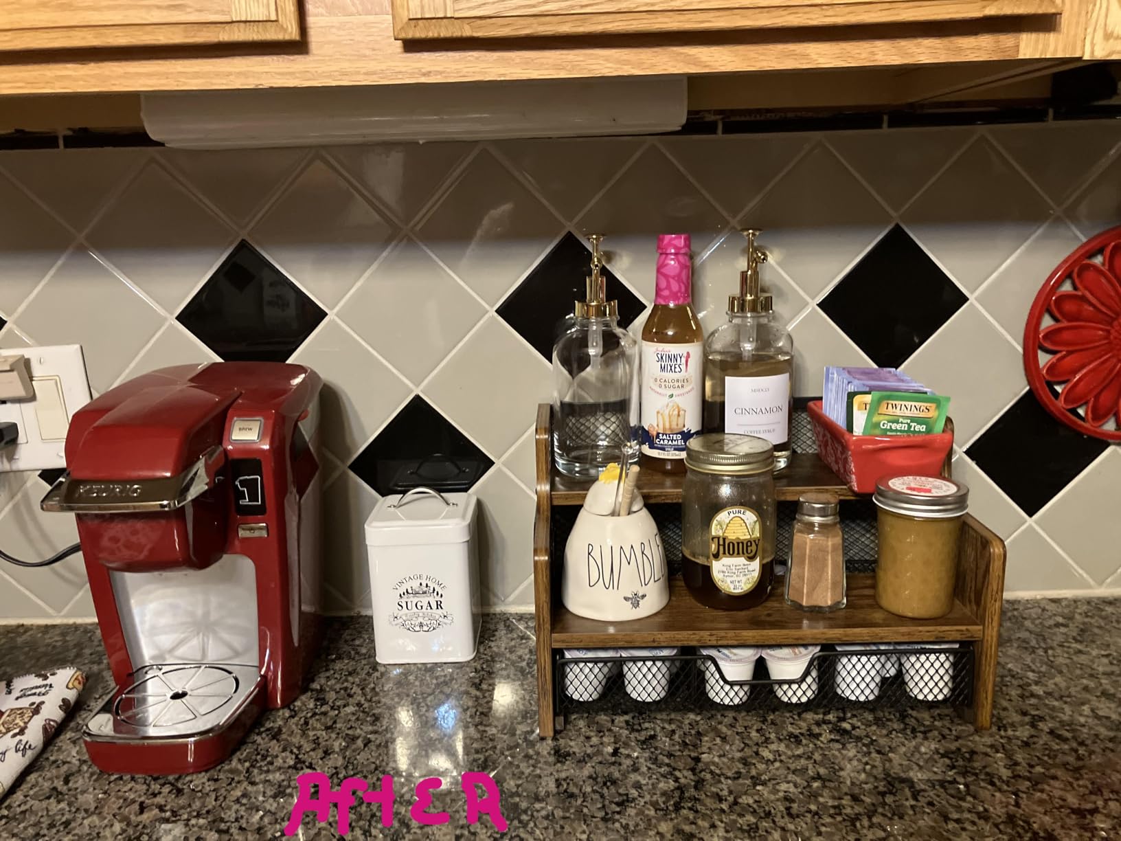 Homode Coffee Syrup Rack Organizer, 3-Tier 8 Bottles Syrup Holder Stand with 35 K Cup Storage Basket Drawer for Coffee Bar, Wood Liquor Shelf Wine Rack Countertop for Home, Rustic Brown customer photo 2