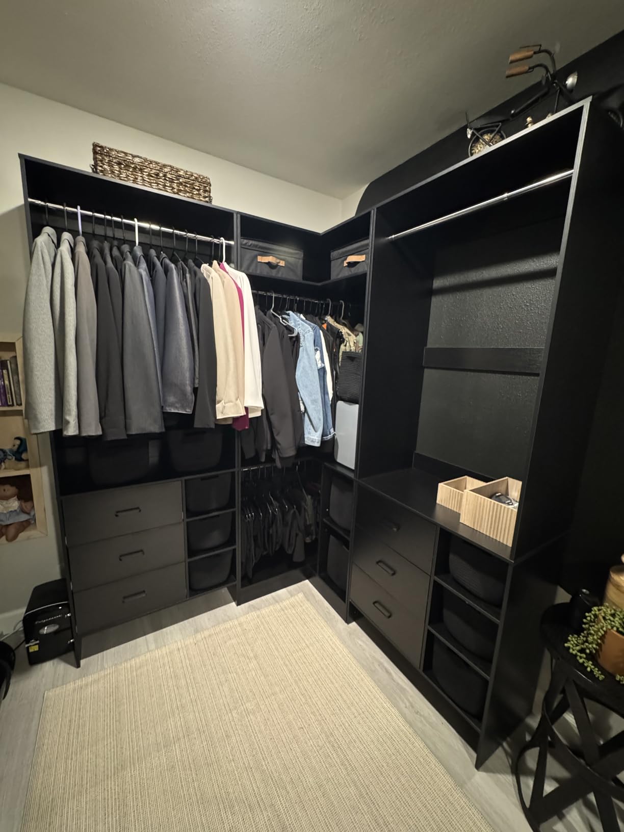 Aheaplus Closet System with 6 Drawers, 4 Hanging Rods & Corner Tower, Corner Closet System with Hanging, 92.6