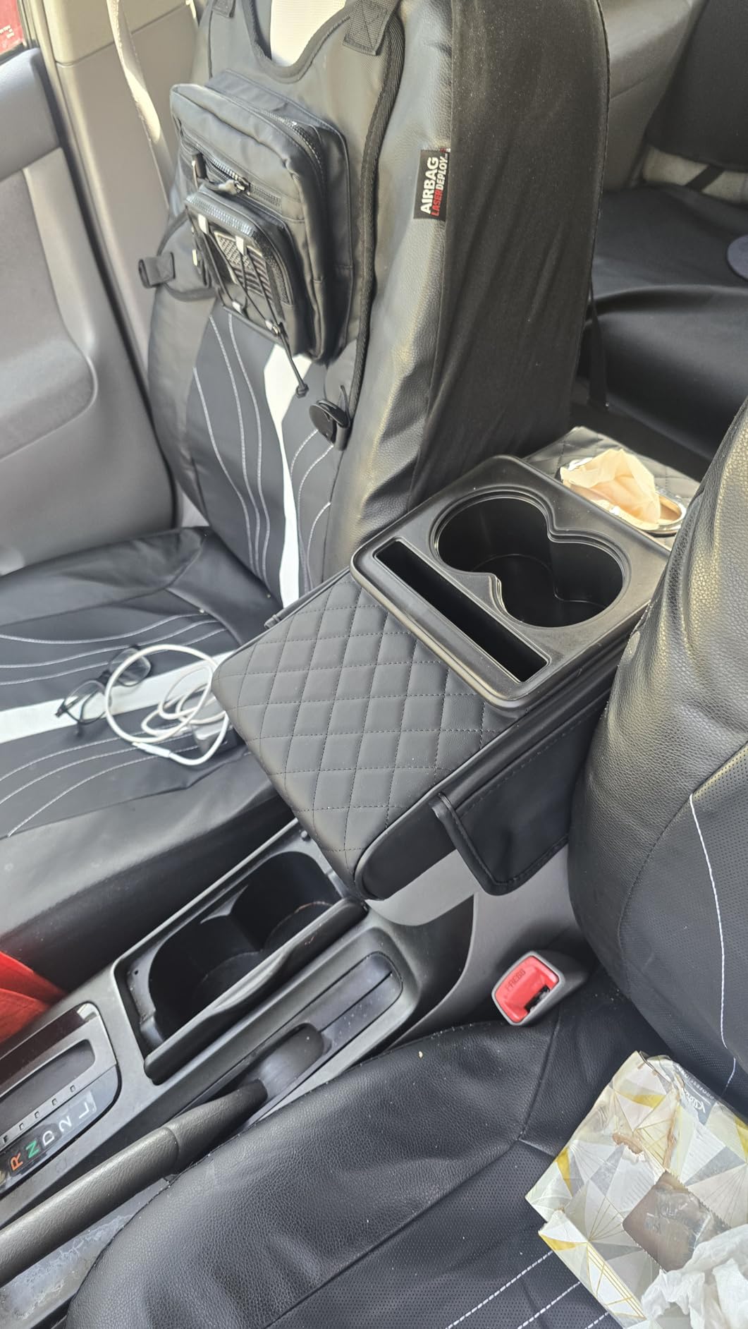 Car Armrest Cushion,5-in-1 Center Console Cover with 2 Storage Bags Cup Holder, Tissue Box Slot, Phone Slot for Sedans, Car Accessories Interior Organizers (Black) customer photo 2