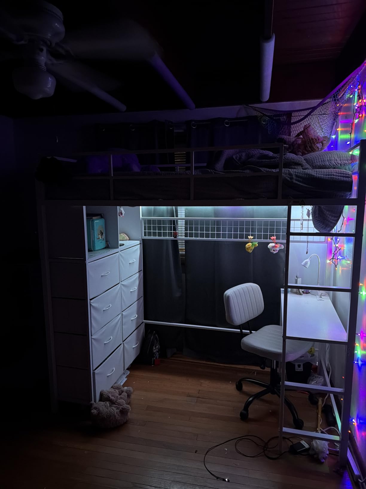 ADORNEVE Twin Size Loft Bed with Desk and 8 Storage Drawers, Metal Loft Bed Twin with LED Lights & Charging Station, Storage Shelves, 13.1