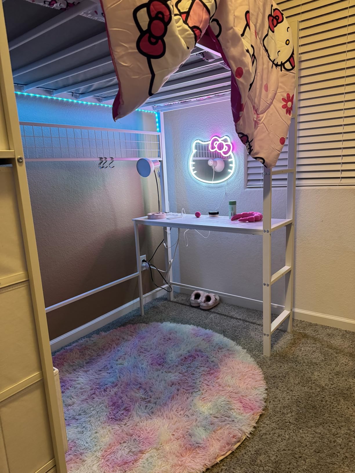 ADORNEVE Twin Size Loft Bed with Desk and 8 Storage Drawers, Metal Loft Bed Twin with LED Lights & Charging Station, Storage Shelves, 13.1