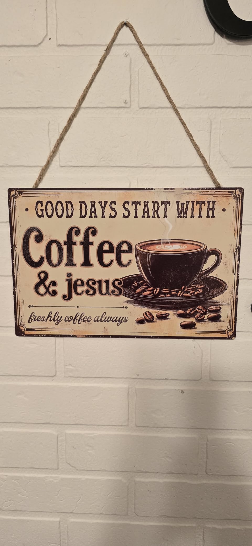 Vintage Coffee Bar Sign with Hooks - 12x8 Inch Wooden Wall Decor with Jute Rope customer photo 1