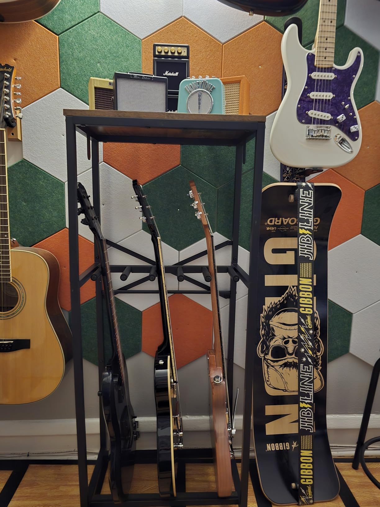 Guitar Stand for Multiple Guitars, Guitar Rack for Acoustic Guitar, Electric Guitar, Bass and Ukulele, Rustic Guitars Display Stand with 2 Guitar Hangers customer photo 2