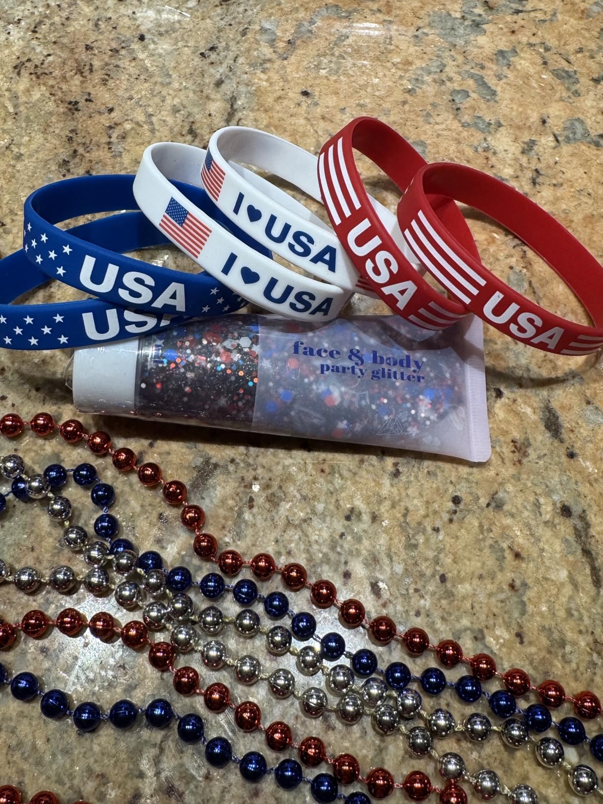 Go Ho 4th of July Outfits for Women,Red White and Blue Face Body Glitter Gel,9 PC Necklaces,3 Pairs Star Sunglasses and 6 PC Rubber Bracelets Wristbands Set for USA Patriotic Outfits Makeup customer photo 1