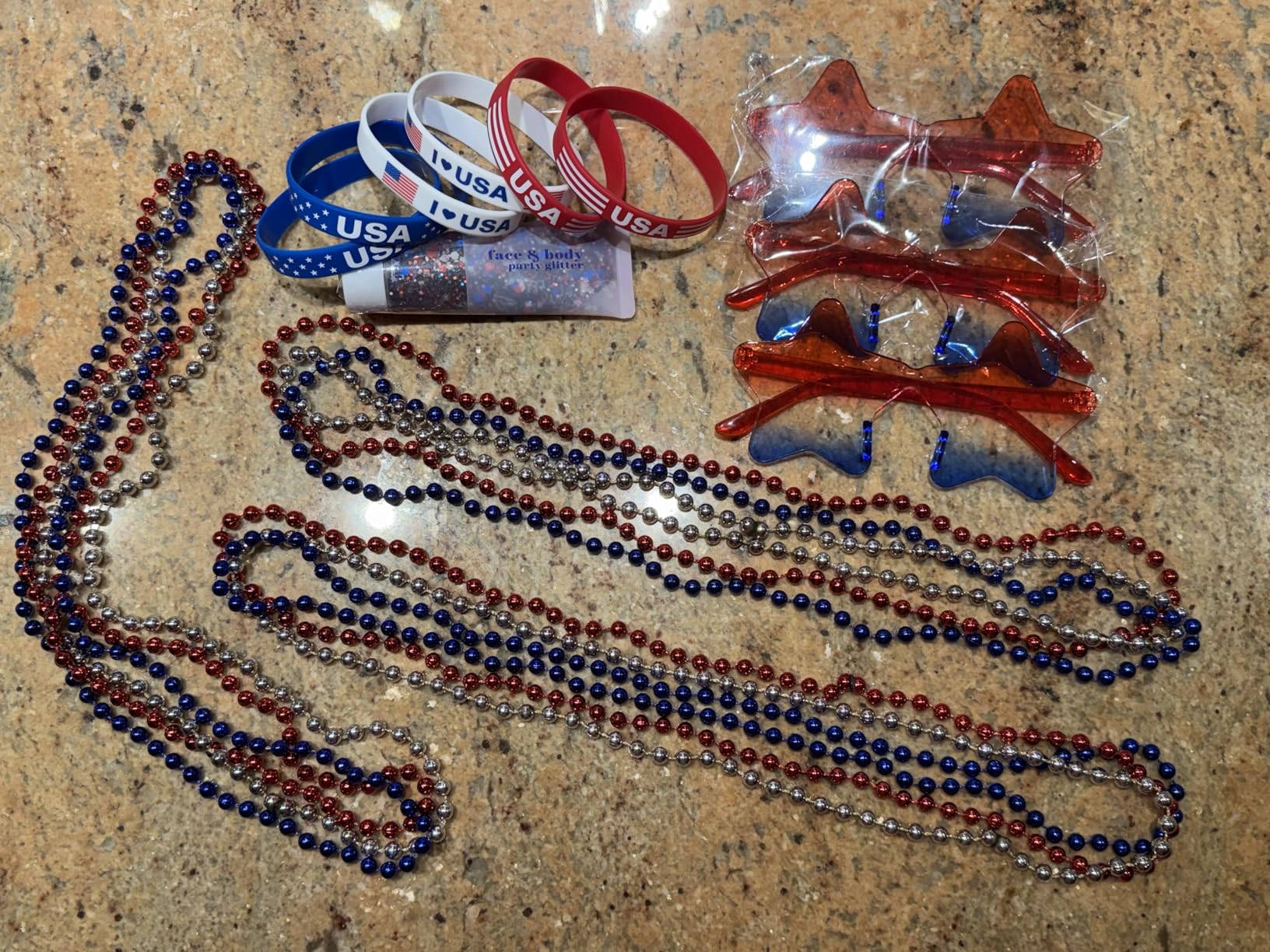 Go Ho 4th of July Outfits for Women,Red White and Blue Face Body Glitter Gel,9 PC Necklaces,3 Pairs Star Sunglasses and 6 PC Rubber Bracelets Wristbands Set for USA Patriotic Outfits Makeup customer photo 2