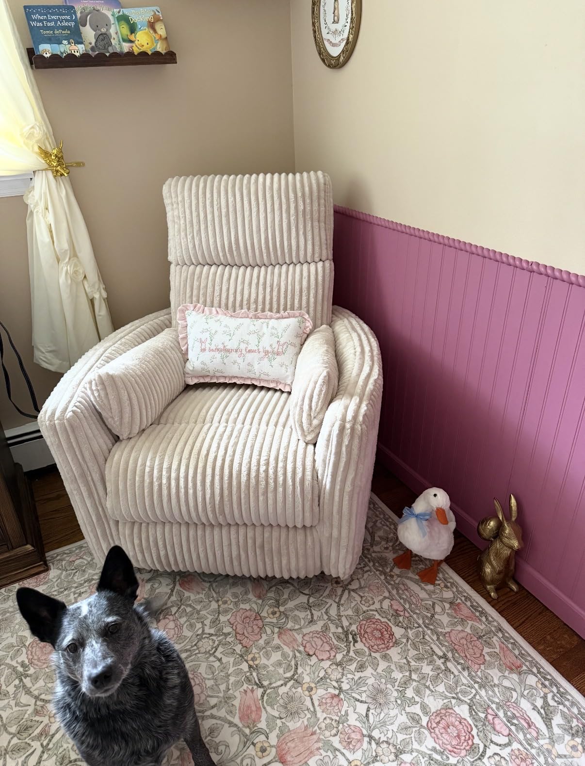 LINSY 360 Swivel Recliner Chair, Nursery Glider Rocking Chair with 2 Pillows, Corduroy Nursing Chair Comfy High Back Adult Rocker Recliner for Small Spaces, Nursery Bedroom Living Room (Beige) customer photo 1