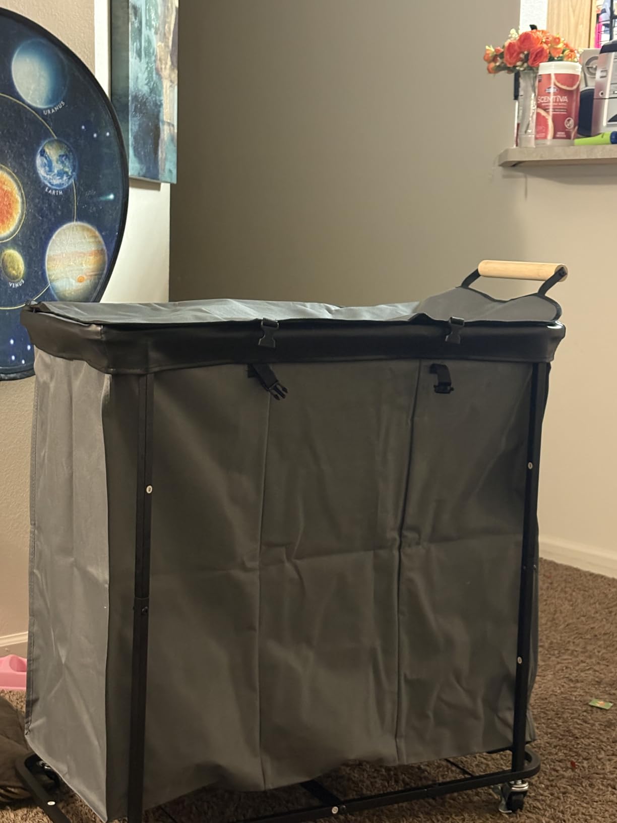 60 Gal (230L) Laundry Hamper 3 Section with Lid, Leather Patchwork Laundry Sorter with Rolling Lockable Wheels and Handle, Laundry Basket Organizer for Laundry Room, Bedroom and Bathroom - Gray customer photo 1