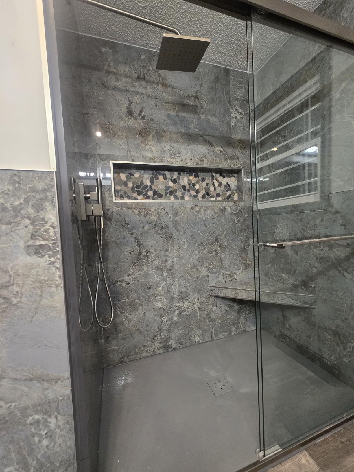 WOODBRIDGE 47.75 x 36 Zero-Threshold Shower Base for Wheelchair Access, Low-Profile Non-Slip Design with Center Drain, Matching Decorative Drain Plate and Tile Flange, Gray customer photo 1
