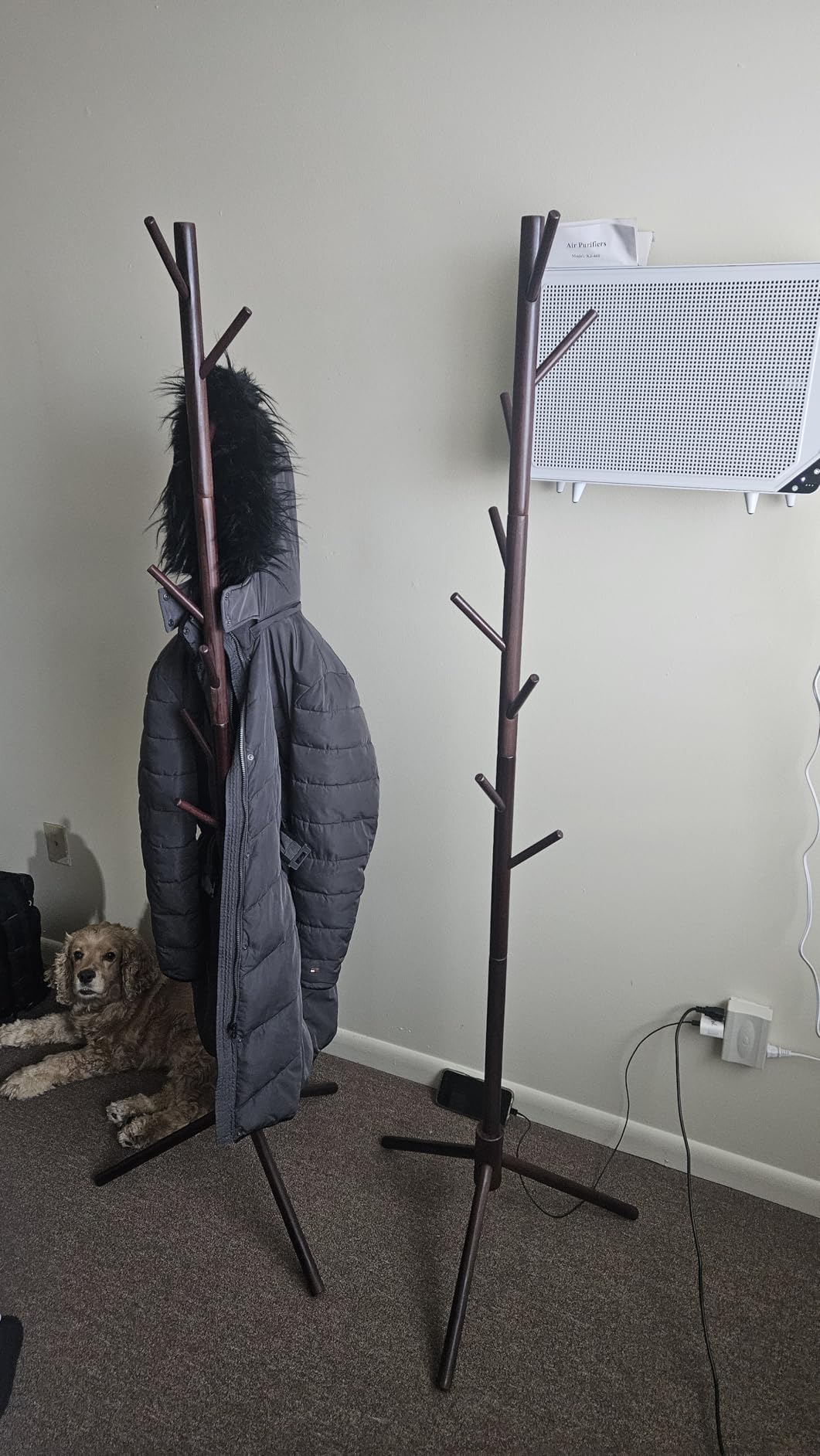 Solid Wooden Coat Rack Freestanding, New Zealand Pine Coat Tree with 8 Hooks & 3 Adjustable Sizes, Brown customer photo 2