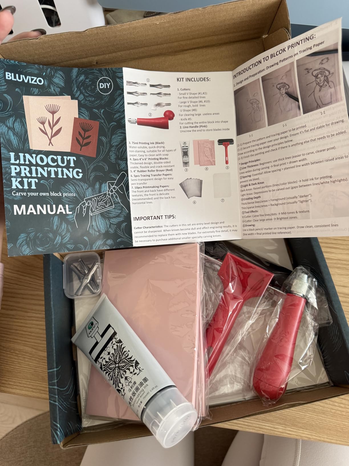 Linocut Kit for Printmaking & Stamp Making: Linocut Tools Block Printing Kit Supplies with Linoleum Blocks, Ink, Brayer, Guide for Beginners - DIY Hobby & Christmas Birthday Gift for Adults & Kids customer photo 2