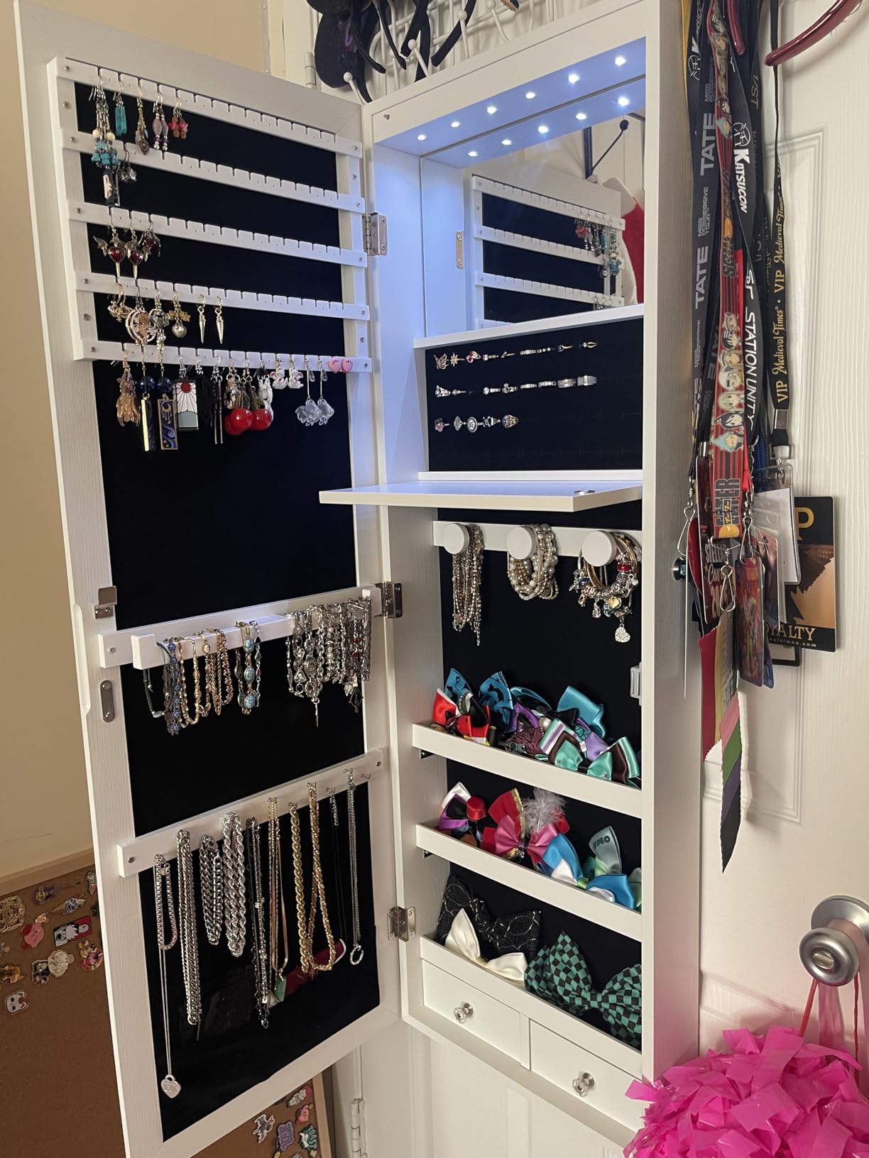 JOYUSAEN Mirror Jewelry Cabinet, Wall/Door Mounted Jewelry Armoire with Full-Length Mirror, Hanging Jewelry Organizer with LED Interior Lights, White customer photo 2