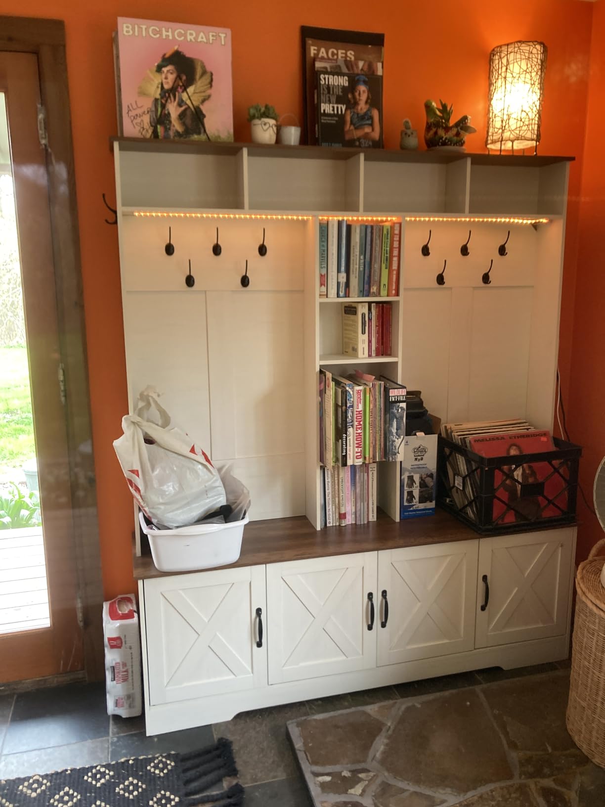 Hall Tree with Bench and Shoe Storage, Farmhouse Entryway Bench with Coat Racks and Led Lights, Tall Hall Tree with 7 Coat Hooks, 6 Storage Cubbies, Adjustable Shelf customer photo 1