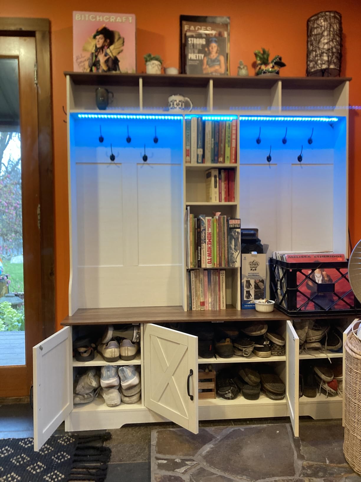 Hall Tree with Bench and Shoe Storage, Farmhouse Entryway Bench with Coat Racks and Led Lights, Tall Hall Tree with 7 Coat Hooks, 6 Storage Cubbies, Adjustable Shelf customer photo 2