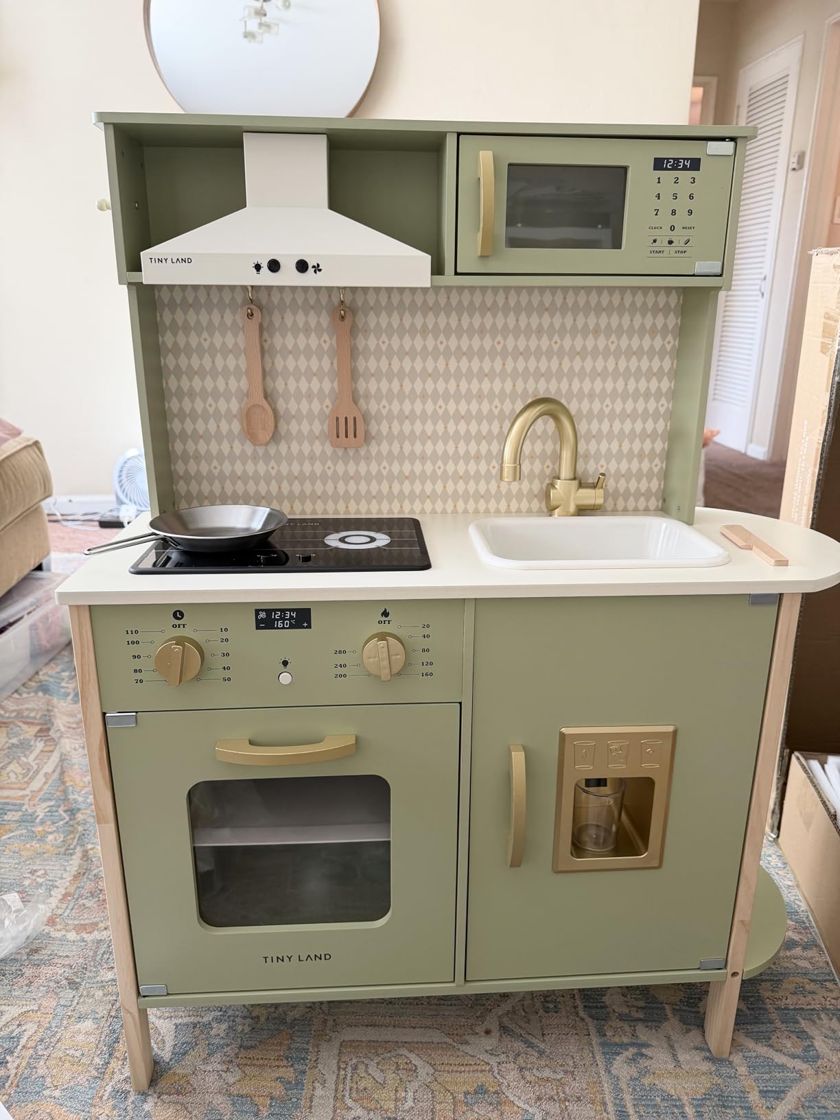 Tiny Land Play Kitchen for Kids, Wooden Farmhouse Kitchen Playset Chef Pretend Play Set for Toddlers w/Real Lights & Sounds, Toys Kitchen with 18 Pcs Toy Food & Cookware Accessories, Sage Green customer photo 1
