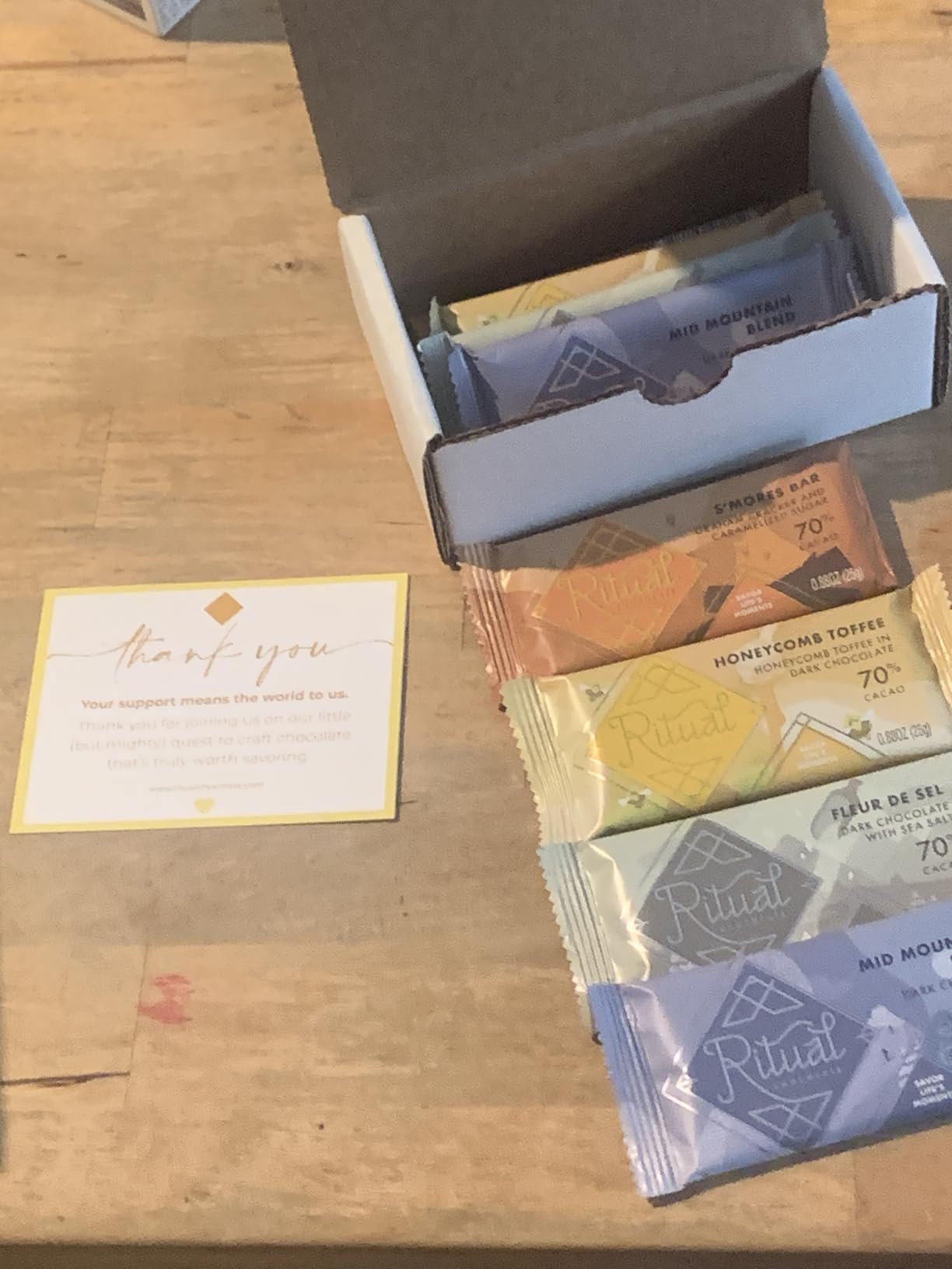 Ritual Chocolate Mini Bar Variety 8-Pack - 2 Each of Honeycomb Toffee, Fleur de Sel, Mid Mountain & S'mores - 25g Bite-Sized Artisan Bean-to-Bar customer photo 1