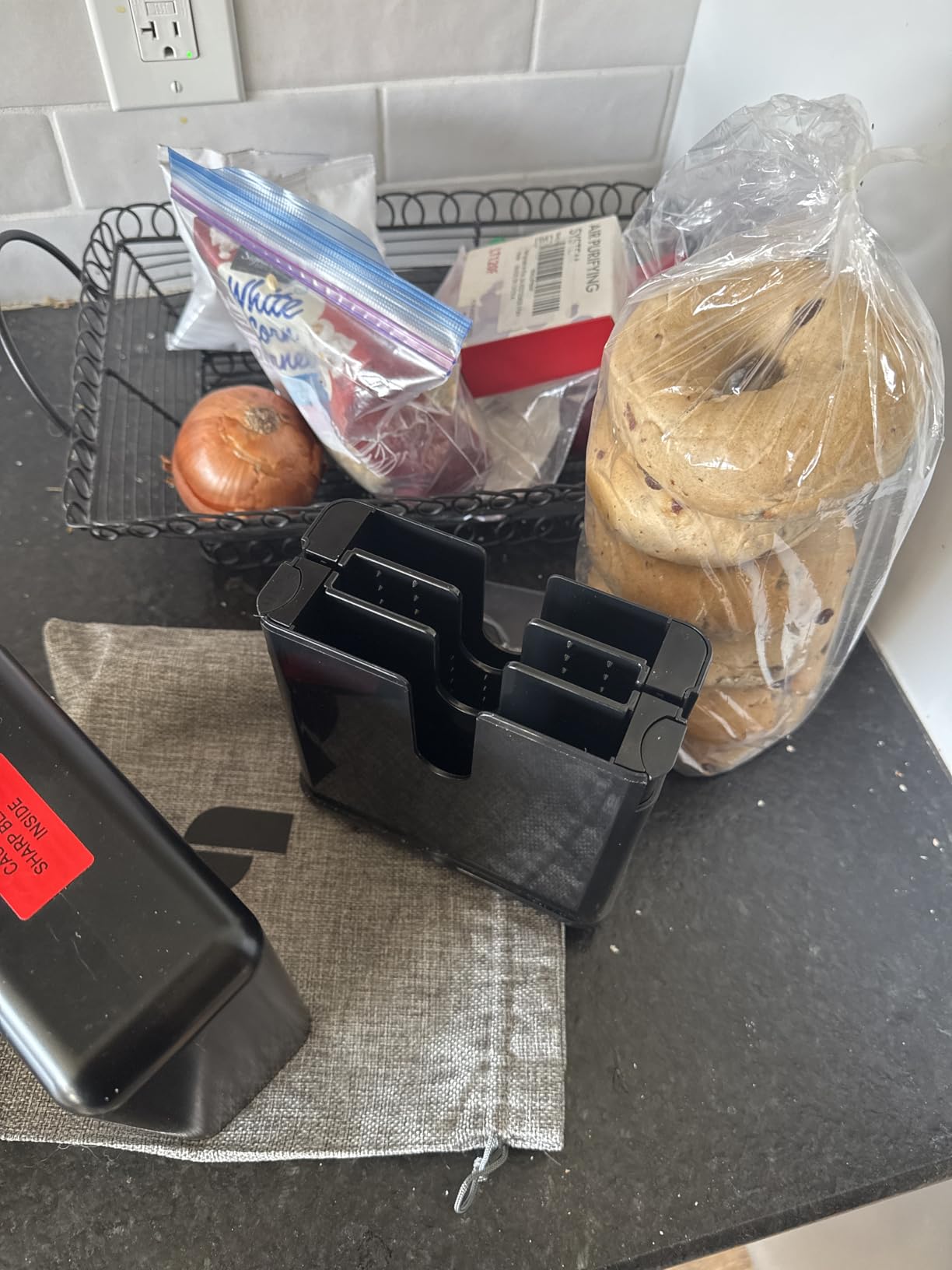 Bagel Cutter Slicer - Precision Bagel Slicer with Auto-Center Holder - Compact 7-Inch Space-Saving Design for Even Cutting Large and Small Bread at Home or Cafe Kitchen - Black customer photo 1